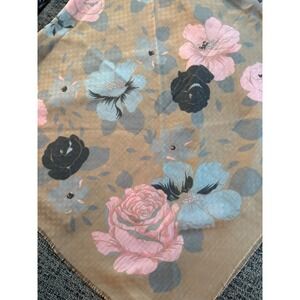 CWT Italy Floral Scarf Brown Pink Blue Black Roses Lightweight Square 44"